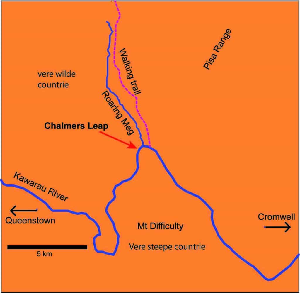 Map showing location of 'Chalmers Leap' (the stone bridge) over the Kawarau River, Central Otago.