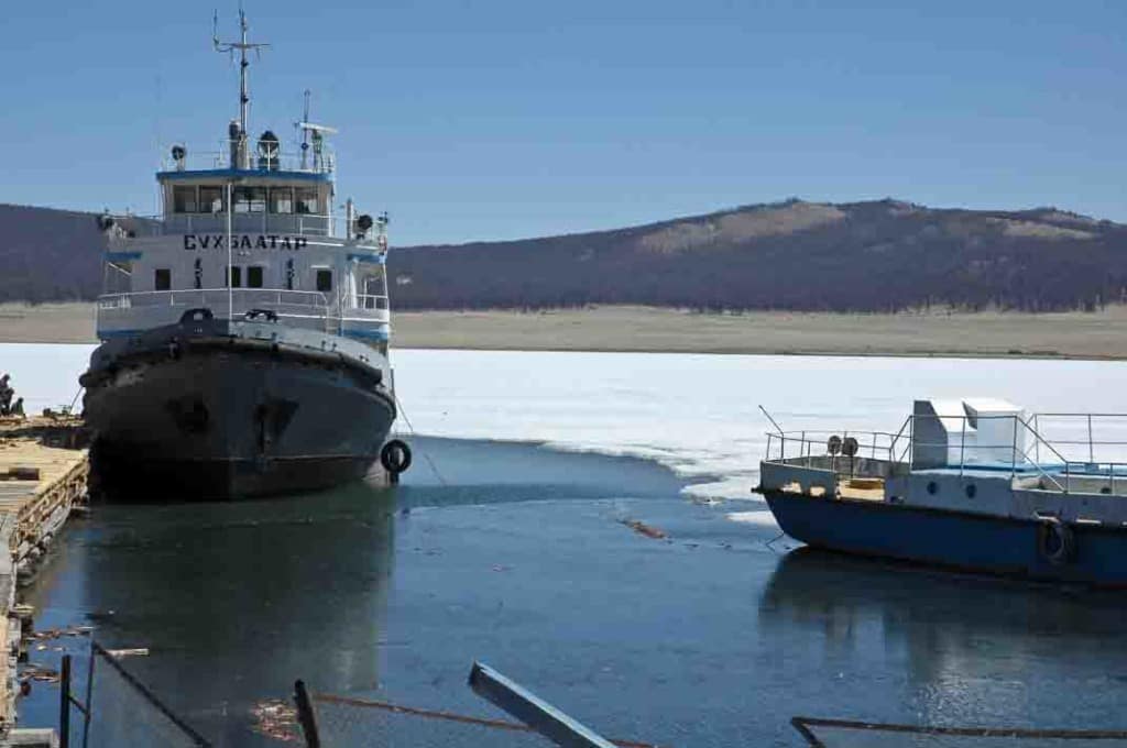 Mongolia's only large boats, on a still mostly frozen Lake Khovsgol in late May.