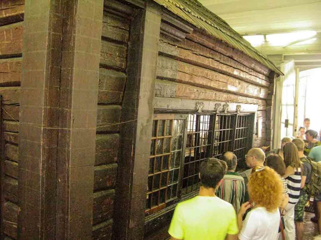 Peter the Great's original log cabin on display to the public, in St Petersburg.