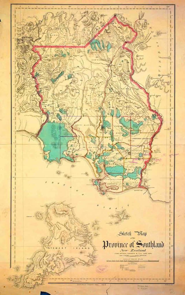‘Sketch Map of the Province of Southland’ compiled by the Chief Surveyor, John H. Baker, up to 1865. There is from a digital copy of this map on the Auckland Council Libraries website ('Sir George Grey Special Collections, Auckland Libraries, NZ Map 3817'). It shows patches of forest (blue-green) where almost none remain today. 