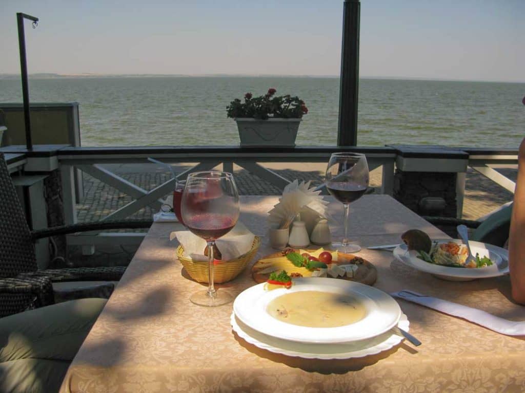 The view from Cafe Albatross, Taganrog, Sea of Azov in the background (don't be alarmed, the horizon is actually flat).