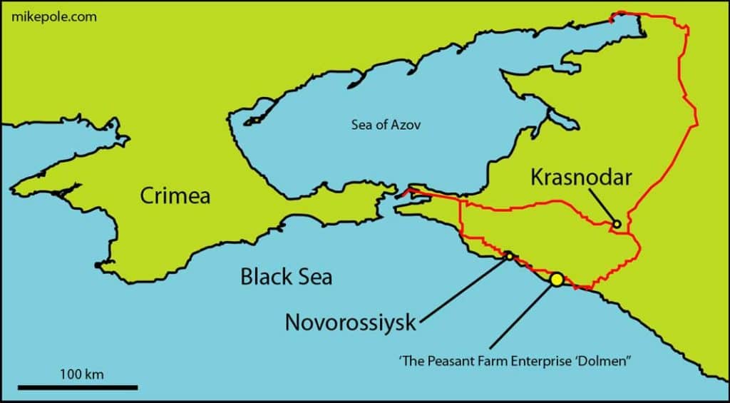 Map of the South Russia-Crimea-Black Sea region showing the location of the 'Peasant Farm Enterprise 'Dolmen''. Red lines are some main roads, showing a loop from the regional center of Krasnodar.
