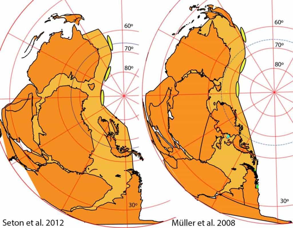 Some possible locations of Curio Bay fossil forest/Murihiku Terrane along the edge of Gondwana during the Early Jurassic, c. 170 Ma. At left the reconstruction of Seton et al. (2012) and Muller et al. (2008) to the right, and use GPlates. The Murihiku is shown schematically as the yellow oval and the Polar Circle as the dotted blue line.