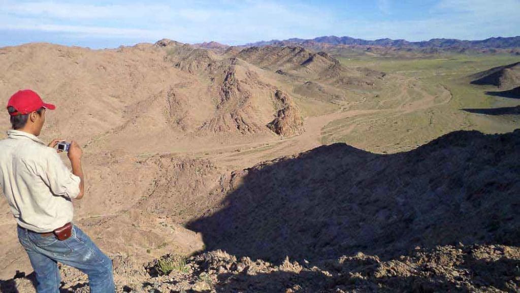 Looking over the rocks with fossil corals in the Mongolian Gobi Altai.