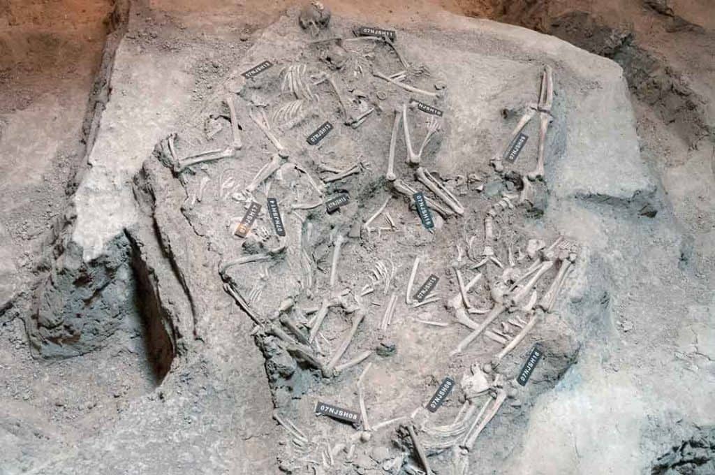 Skeletons of massacre victims lie where they were dumped in the Nanjing Massacre Memorial.