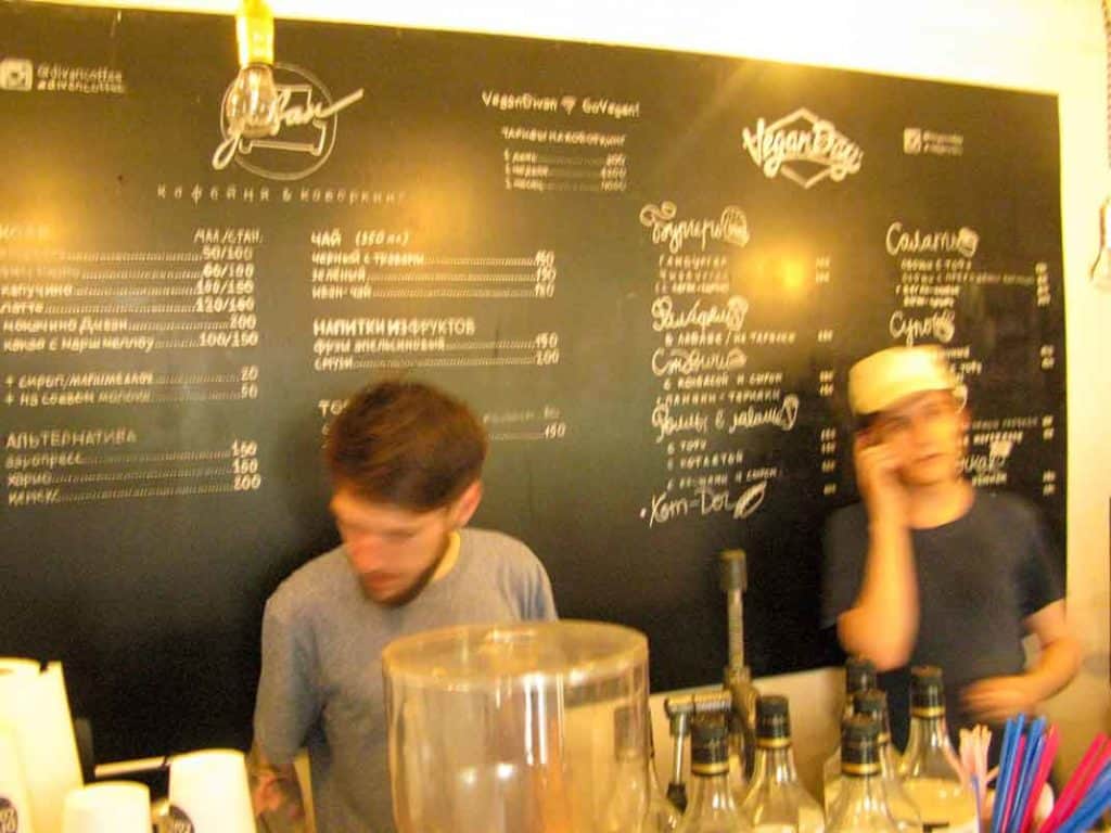 Staff behind the counter at Cafe Vegan Day, Kazan