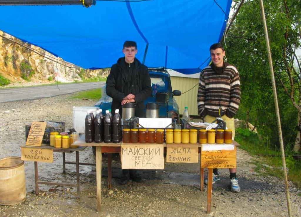 Honey and mead for sale on the Lagonaki Plateau, Adygea, Russia