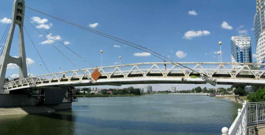 The Bridge of Kisses in Krasnodar, Russia. That's Adygea on the other side of the Kuban River.