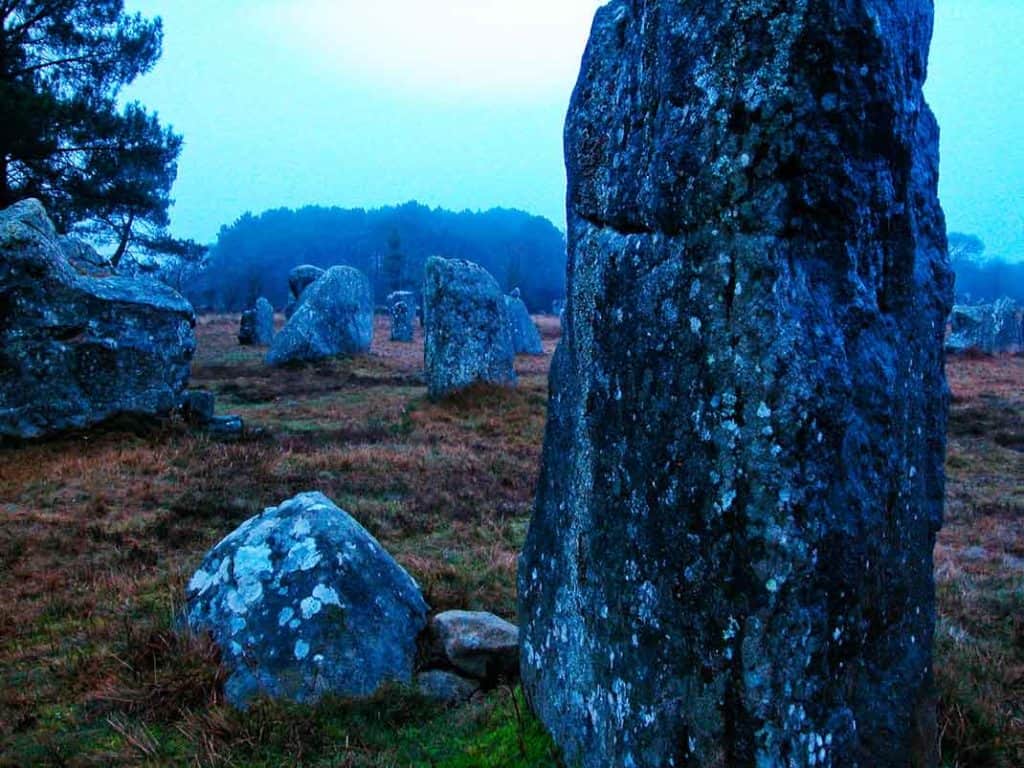 The standing stones of Carnac in the mist.