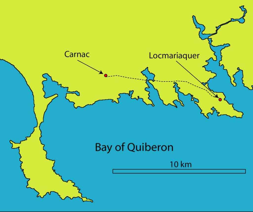 Map of the Bay of Quiberon area or the Morbihan, Brittany, France, showing the route between Carnac and Locmariaquer.