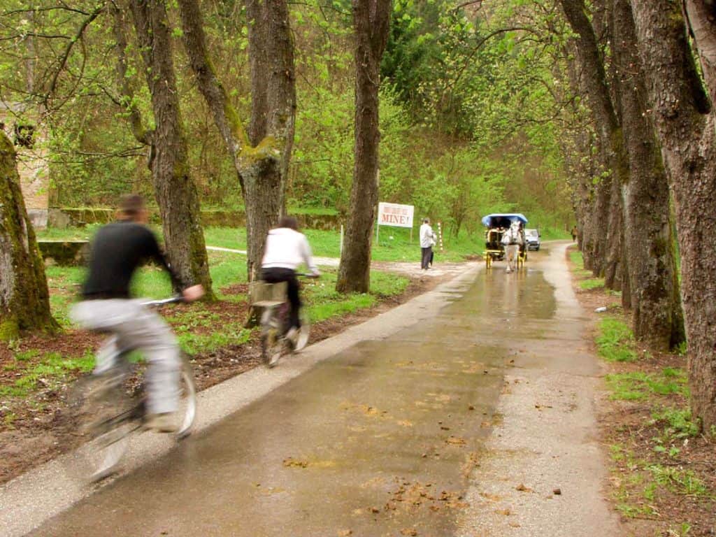 The final approach to Vrelo Bosne. The sign warns that the forest to left and right o the road, is still mined.