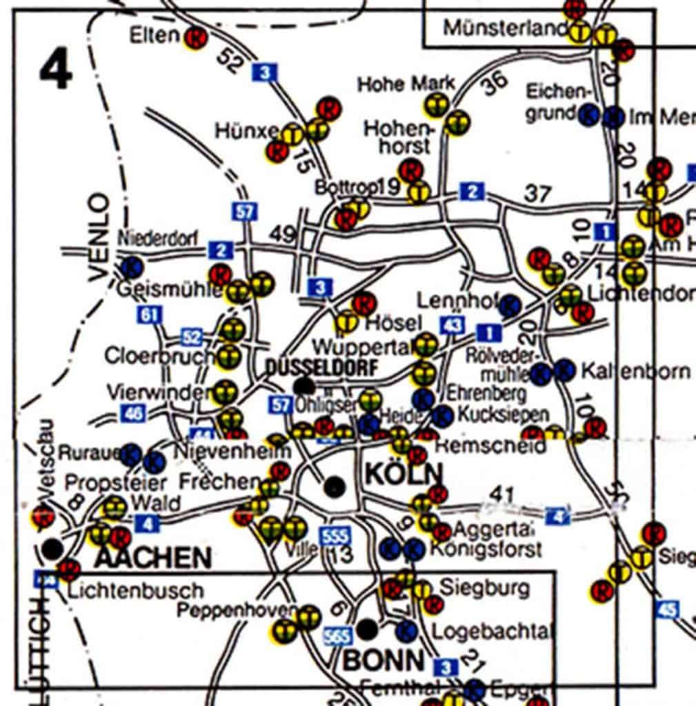The complicated mess of autobahns in the Ruhr-Gebeit. My nemesis, autobahn station Ville can be seen between Aachen, Bonn and Koln (Cologne). Unless they have good reasons otherwise, hitchers are advised to stay well clear of this area.
