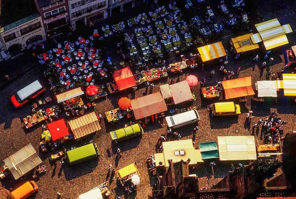 The view down onto the market from the Freiburg Cathedral.