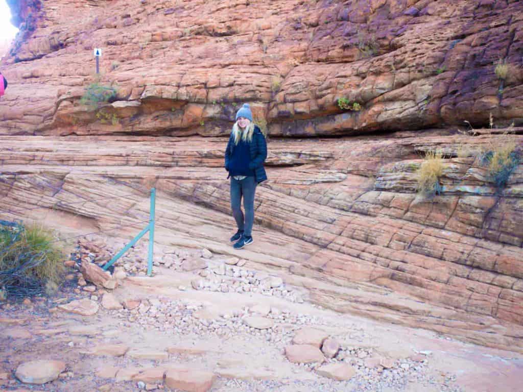 Our guide Matti, in front of some very large cross beds of Mereenie Sandstone, Kings Canyon, central Australia, which may have formed as wind blown dunes.