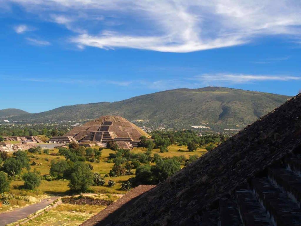 Teotihuacan's Temple of the Moon, viewed from the side of the Temple of the Sun.