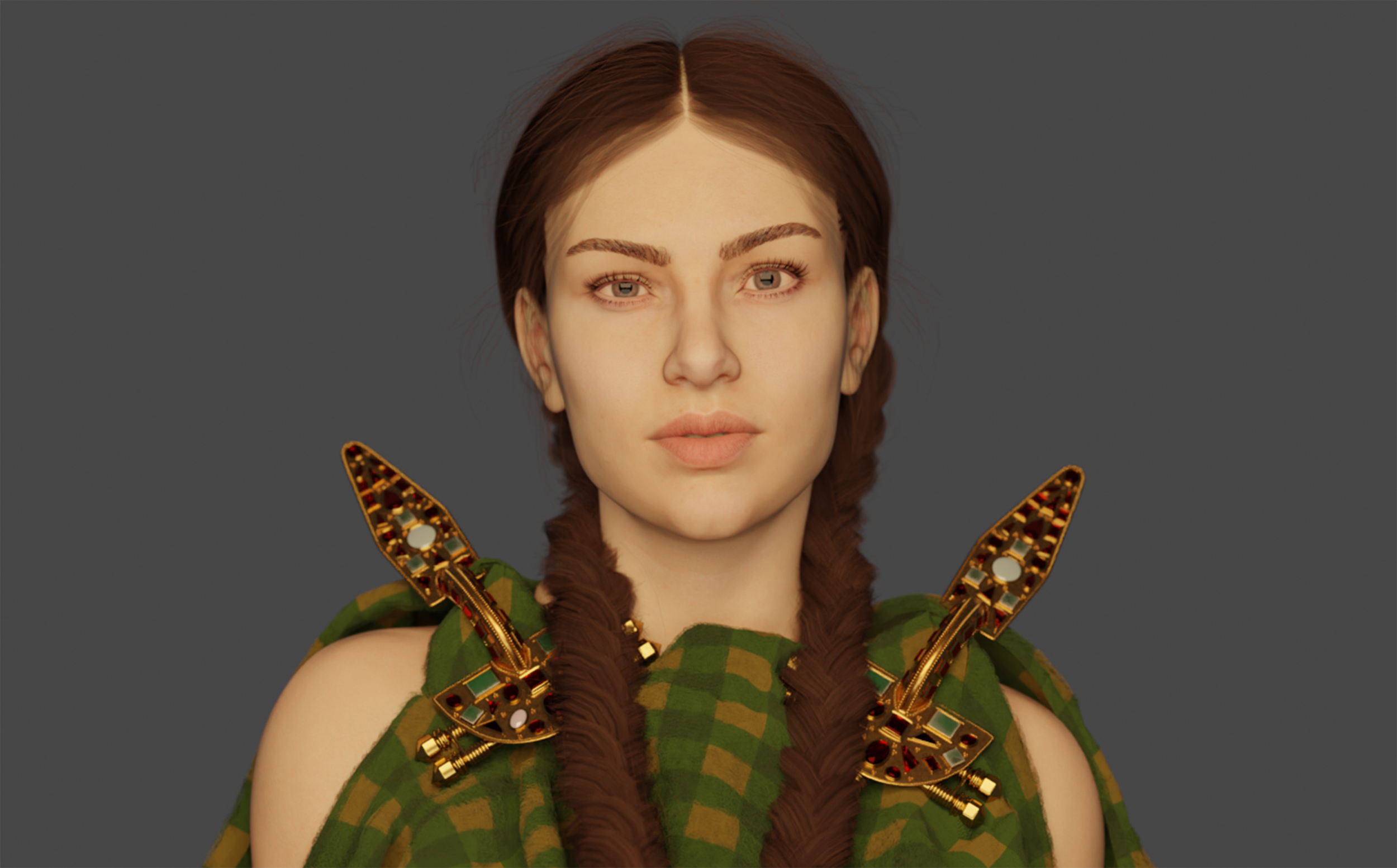 3D Graphic of a woman wearing polychrome fibulae from the 6th century burial of Untersiebenbrunn, Austria. Copy right, the author (Mike Pole).