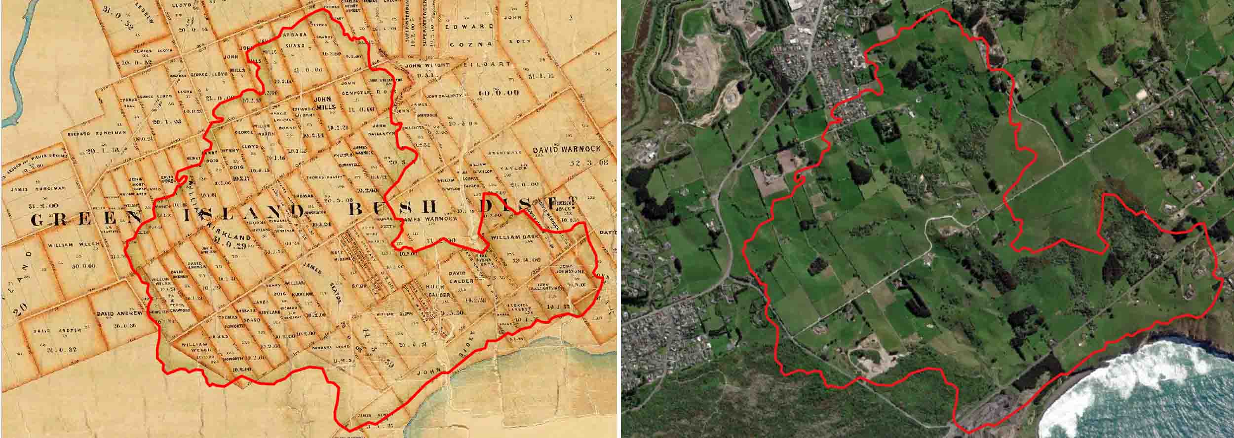 Left: Green Island Bush, outline in red, overlain on the Crown Grant Index Record Map, 1859 (R10302766: Archives New Zealand/Te Rua Mahara o te Kāwanatanga, Dunedin Regional Office.). Right: the same red outline of Green Island Bush overlain onto ESRI Satellite imagery. 