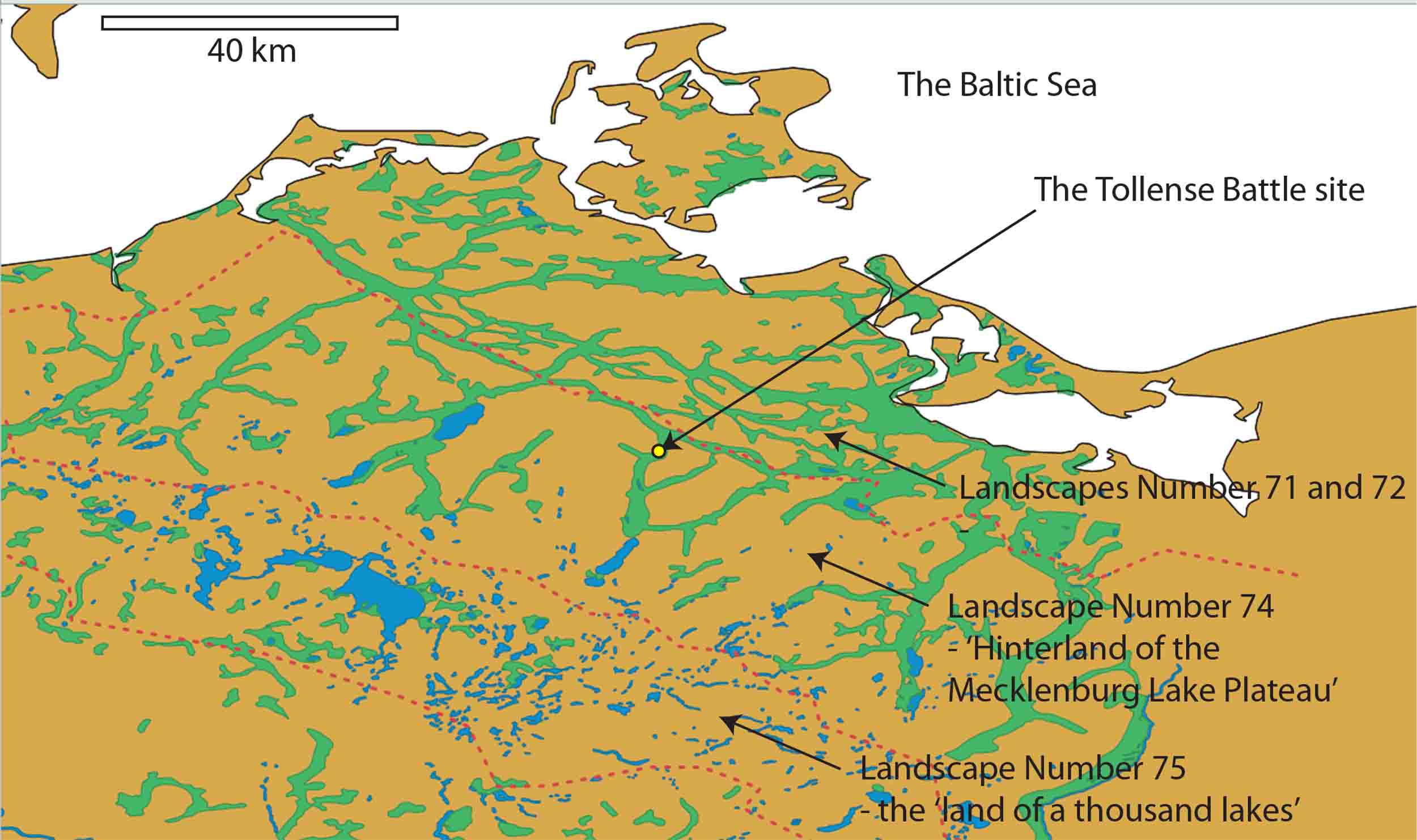 The Tollense Battle site in the broader North German geographic context. Green indicates areas of ‘Niedermoor’ soils, that would have been wetlands, the blue indicates lakes (BUEK1000, 2013). Dotted red lines are boundaries of the German ‘Natural Regions’. Image: the author (Mike Pole). 