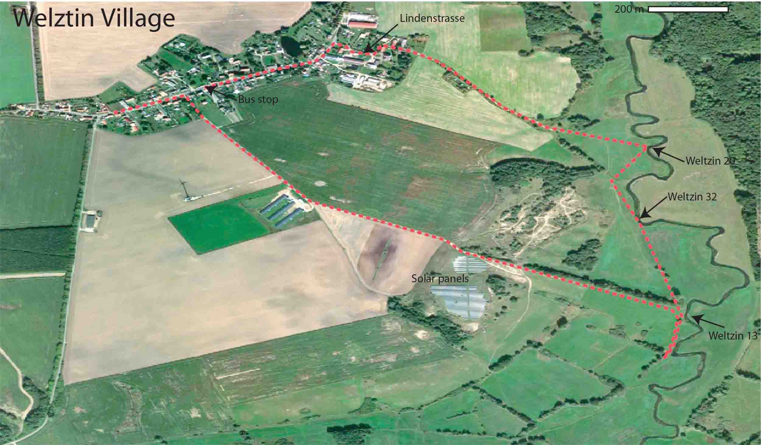 The route of my walk to the Tollense battle site (red dashed line) from Weltzin Village. Some of the sites from Lidke and Lorenz (2019) are marked. Image: the author (Mike Pole) on a base of ESRI satellite imagery.